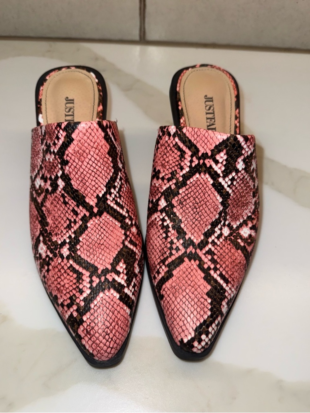 JustFab Pink Snake-Print Slip-On Mules